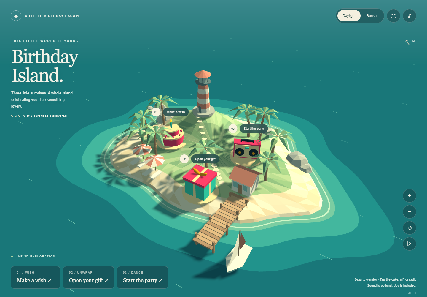 A tiny tropical island with a lighthouse, birthday cake, gift box and radio.